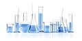 Different Laboratory glassware with blue liquids