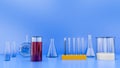 Different laboratory glassware with color liquid and with reflection on blue background. 3d rendering