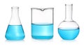 Different laboratory glassware with light blue samples on white background, collage