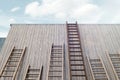 Different ladders next to wooden bright building wall, 3d rendering.