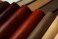 Different leather samples as background, closeup Royalty Free Stock Photo