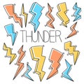 Different lightnings vector concept in doodle and sketch style. Hand drawn illustration. Icon and logo idea