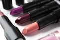 Different lipsticks on table, closeup Royalty Free Stock Photo