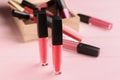 Different liquid lipsticks on table Royalty Free Stock Photo