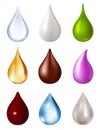 Different liquids drops. Colorful droplets of honey, milk, water, chocolat, blood. Falling drops realistic 3d vector set