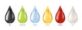 Different liquids drops. Colorful droplets of oil, honey and milk, water. Petrol and blood falling drop realistic vector