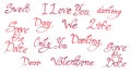 Different love phrases in red and pink colors on a white background. Royalty Free Stock Photo