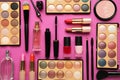 Different luxury makeup products on pink background, flat lay