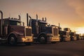 Different make big rigs semi trucks tractors with loaded semi trailers standing in the row on truck stop parking lot at early