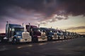 Different make big rigs semi trucks tractors with loaded semi trailers standing in the row on truck stop parking lot at early