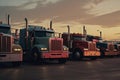 Different make big rigs semi trucks tractors with loaded semi trailers standing in the row on truck stop parking lot at early