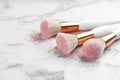 Different makeup brushes with crushed cosmetic product on white marble table, closeup. Space for text Royalty Free Stock Photo