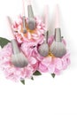 Different makeup brushes with pink peonies flowers on white background. Professional cosmetic makeup set. Royalty Free Stock Photo