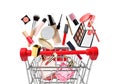 Different makeup products falling into shopping cart on white background. Decorative cosmetics Royalty Free Stock Photo