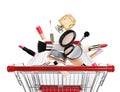 Different makeup products falling into shopping cart on white background. Decorative cosmetics Royalty Free Stock Photo
