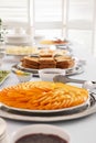 Different meals for breakfast on white table indoors. Buffet service Royalty Free Stock Photo