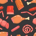 Different Meat Products Seamless Pattern, Meat Delicatessen Design Element Can Be Used for Fabric, Wallpaper, Packaging