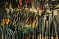 Different mechanic tools old vintage carpenter collections at workshop Royalty Free Stock Photo