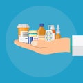 Different medical pills and bottles in hand Royalty Free Stock Photo