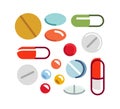Different medical pills vector simple flat illustrations of icons set isolated on white, meds drugstore concept, apothecary
