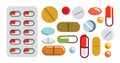 Different medical pills vector simple flat illustrations of icons set isolated on white, meds drugstore concept, apothecary