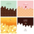 Different melted textures set. Cream on the chocolate bar, ice-cream on the wafer, honey on the honeycomb. Cute design