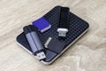 Different memory cards are on a table
