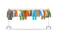 Different men clothes on long rolling hanger rack