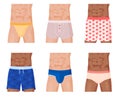 Different mens body in underpants set vector flat illustration. Diverse male torso wearing underwear