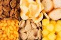 Different mexican beer snacks as background, closeup, top view.