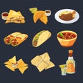 Different mexican foods in cartoon style. Traditional cuisine. Chicken, tacos and tequila vector illustrations