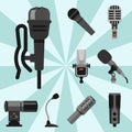 Different microphones types icons journalist vector interview music broadcasting vocal tool tv tool.