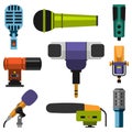 Different microphones types icons journalist vector interview music broadcasting vocal tool tv tool.