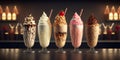 Different milkshakes set with nuts, caramel, strawberry and whipped creamare. Generative AI