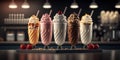 Different milkshakes set with nuts, caramel, strawberry and whipped creamare. Generative AI