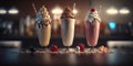 Different milkshakes set with nuts, caramel, strawberry and whipped creamare. Generative AI