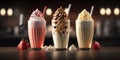 Different milkshakes set with nuts, caramel, strawberry and whipped creamare. Generative AI