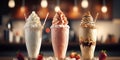 Different milkshakes set with nuts, caramel, strawberry and whipped creamare. Generative AI