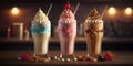 Different milkshakes set with nuts, caramel, strawberry and whipped creamare. Generative AI