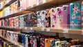 Different mobile phone cases on shelves in a multimedia store Royalty Free Stock Photo