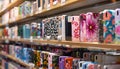 Different mobile phone cases on shelves in a multimedia store Royalty Free Stock Photo