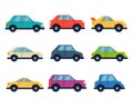 Different models cars set in flat style side view. Vehicle collection. Car silhouettes. Transportation symbol. Vector Royalty Free Stock Photo