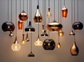 Different modern streamlined mirror copper chandeliers. Bubble metal copper shade pendant. Created with Generative AI Royalty Free Stock Photo