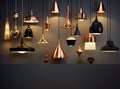 Different modern streamlined mirror copper chandeliers. Bubble metal copper shade pendant. Created with Generative AI Royalty Free Stock Photo