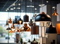 Different modern streamlined mirror copper chandeliers. Bubble metal copper shade pendant. Created with Generative AI Royalty Free Stock Photo