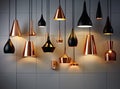 Different modern streamlined mirror copper chandeliers. Bubble metal copper shade pendant. Created with Generative AI Royalty Free Stock Photo