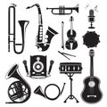 Different monochrome pictures of musical instruments isolated on white. Vector pictures set