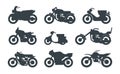 Different motorized vehicles black glyph icons set