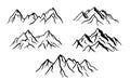Different mountain ranges silhouette set. Collection of line drawing mountains. Vector illustration isolated on white Royalty Free Stock Photo