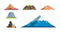 Different mountains landscape isolated vector illustration in cartoon style. Nature mountain silhouette elements se Royalty Free Stock Photo